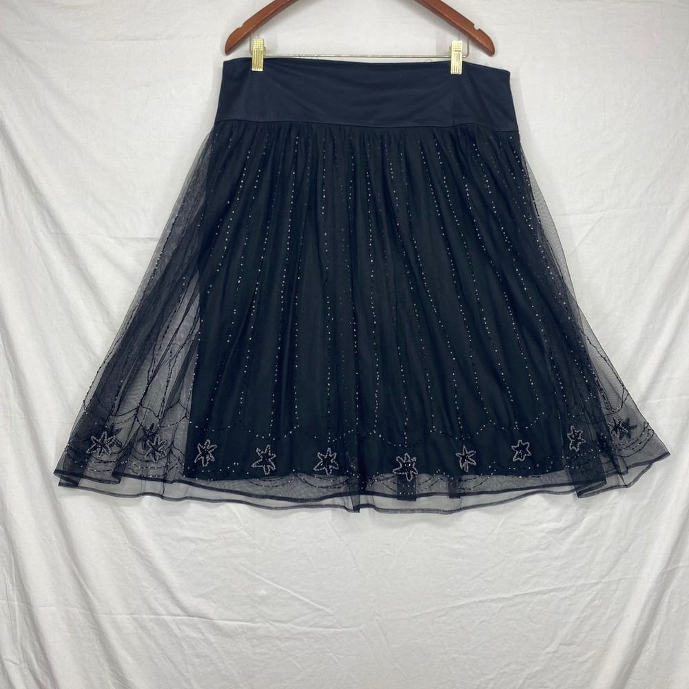 Black Beaded Tulle Midi Skirt Star Embroidered Scalloped Hem Mesh Overlay